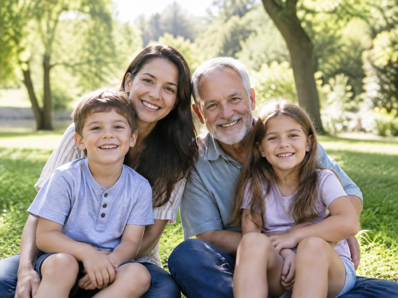 A family of four smiling together outdoors in a sunlit park